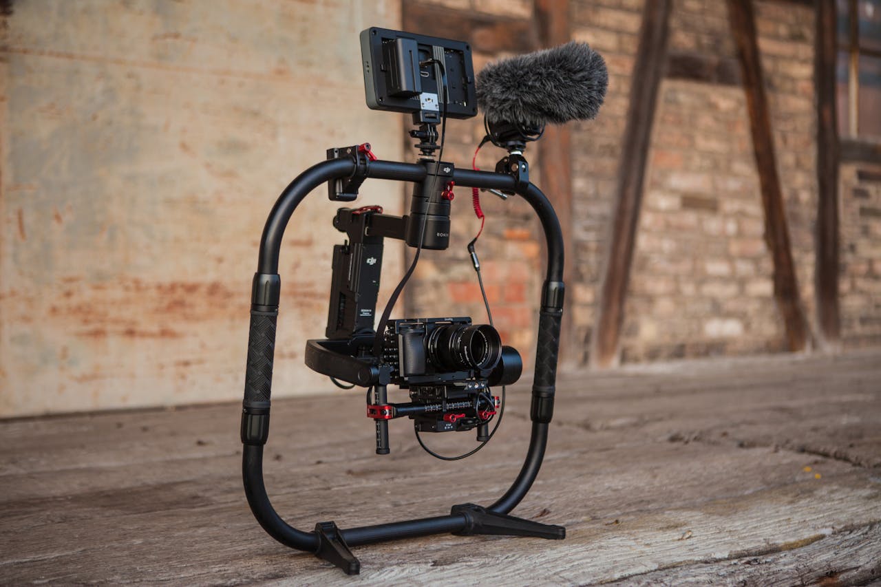 our-journey-02 High-quality video rig with microphone and screen, ideal for filmmaking and videography, indoors.